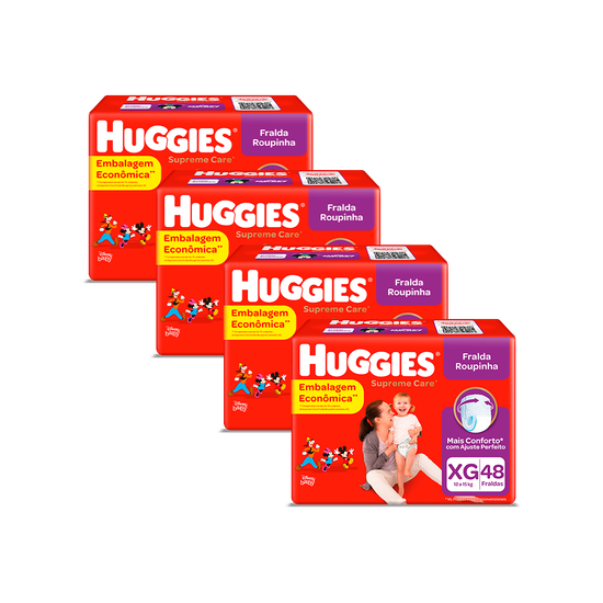 Kit Fraldas Huggies Supreme Care Roupinha XG – 4 pacotes 192 fraldas