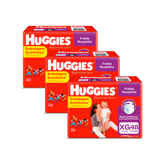 Kit Fraldas Huggies Supreme Care Roupinha XG – 3 pacotes 144 fraldas